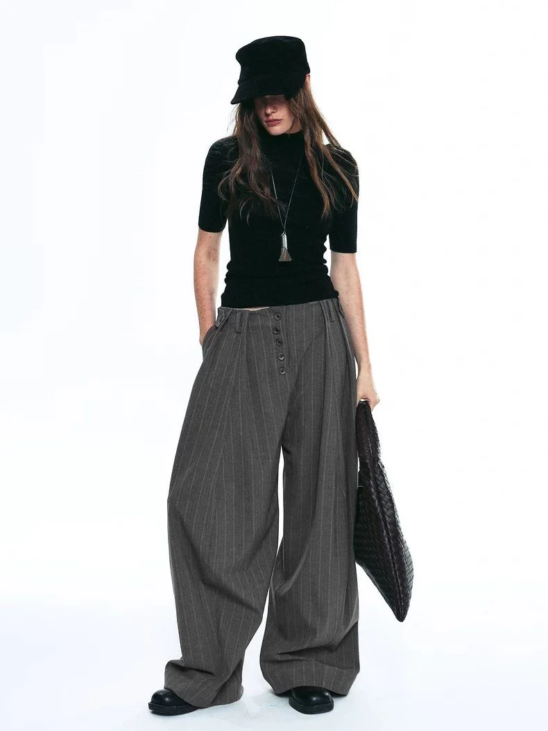 Unisex Pleated Wide-Leg Button Trousers - Image 3