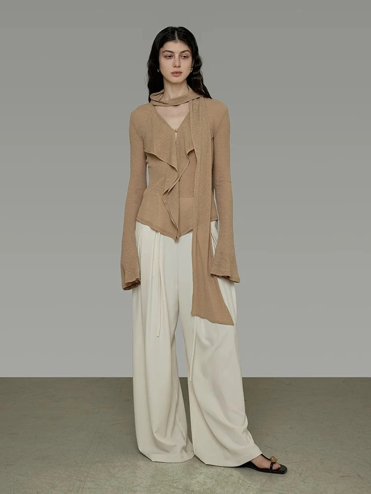 V-Neck Knit Top with Flowing Tie Detail - Image 3