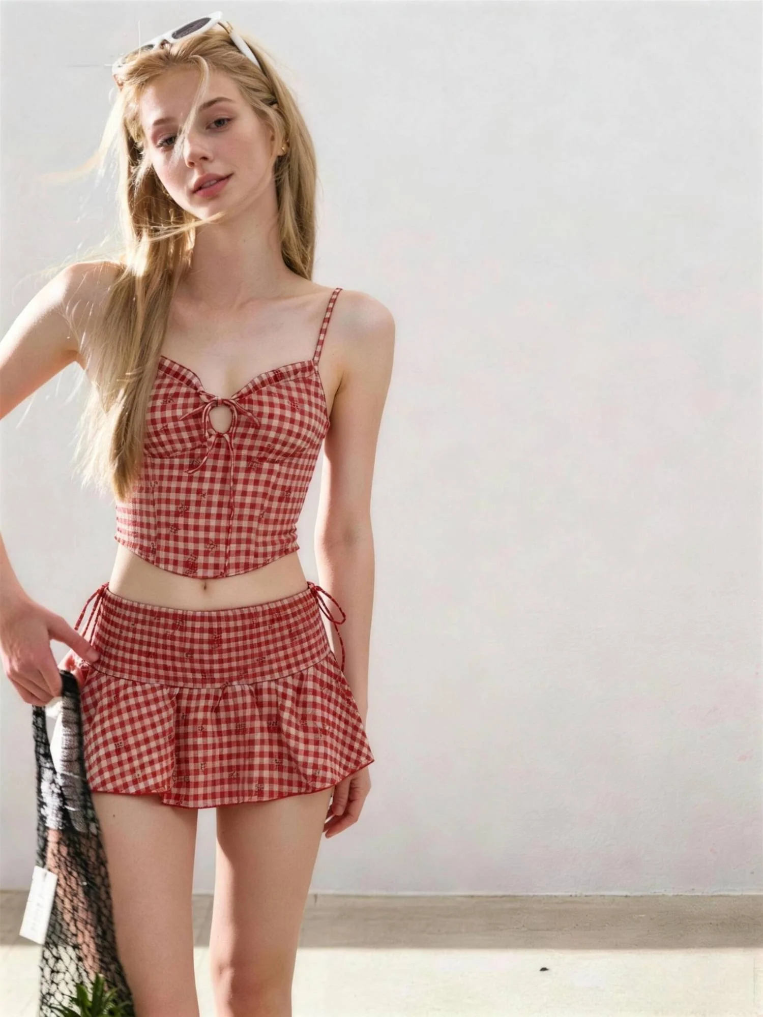 Vintage Gingham Tie Front Crop Top with Matching Ruffle Mini Skirt Set - Image 2