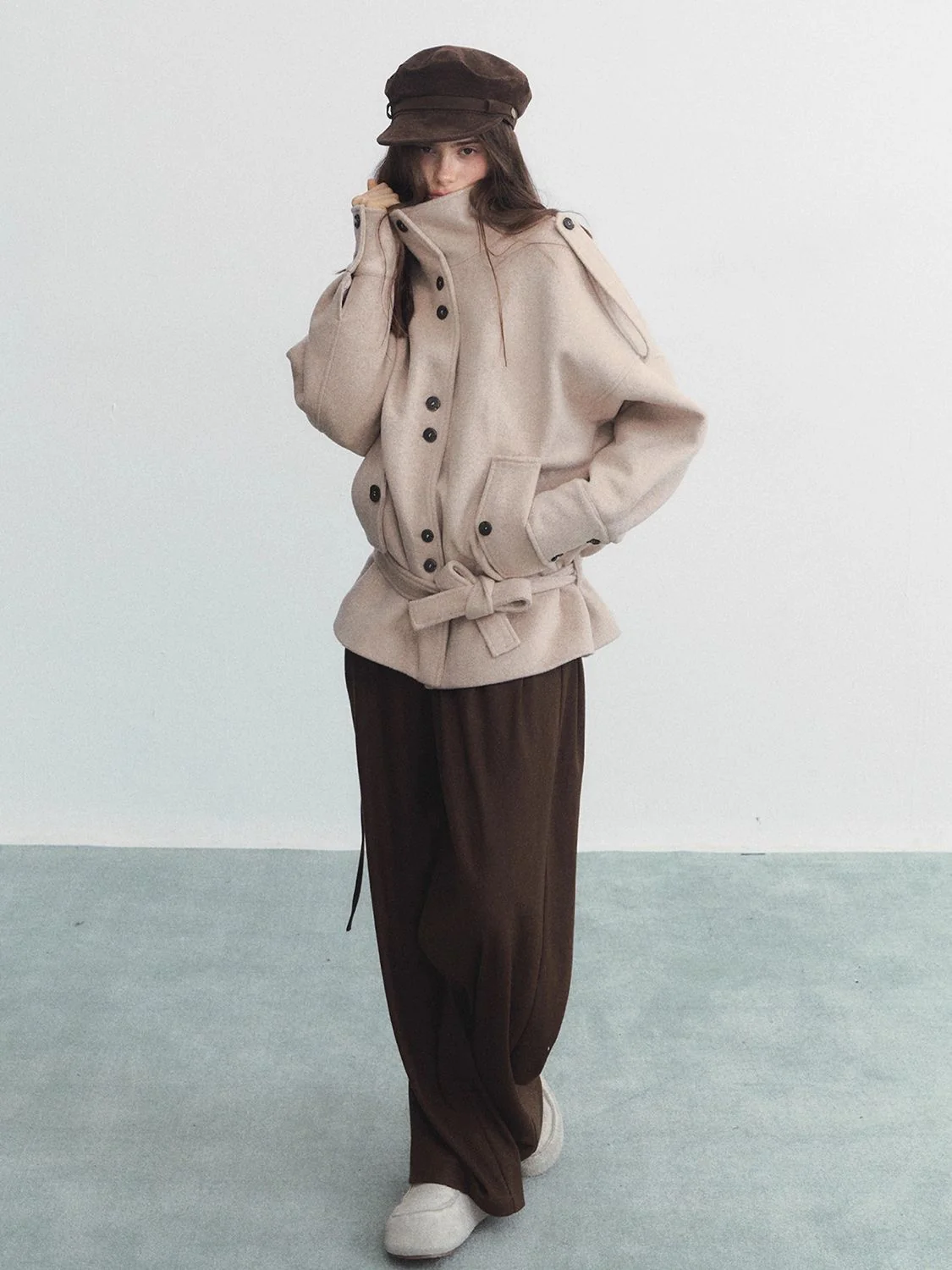 Vintage High Neck Belted Wool Jacket - Image 5