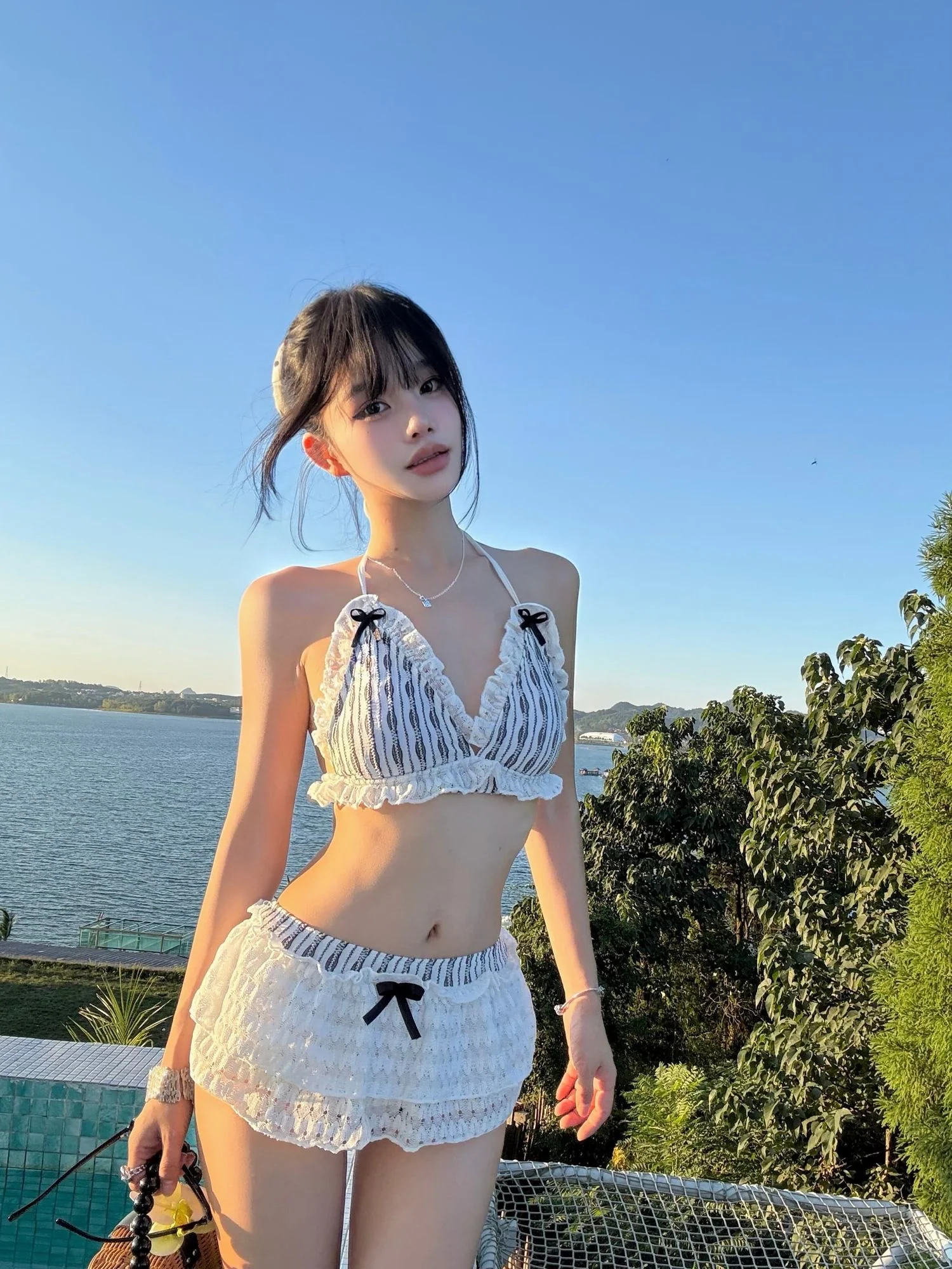 Vintage Lace Trim Halter Bikini Set with Ruffle Shorts Two Piece - Image 2