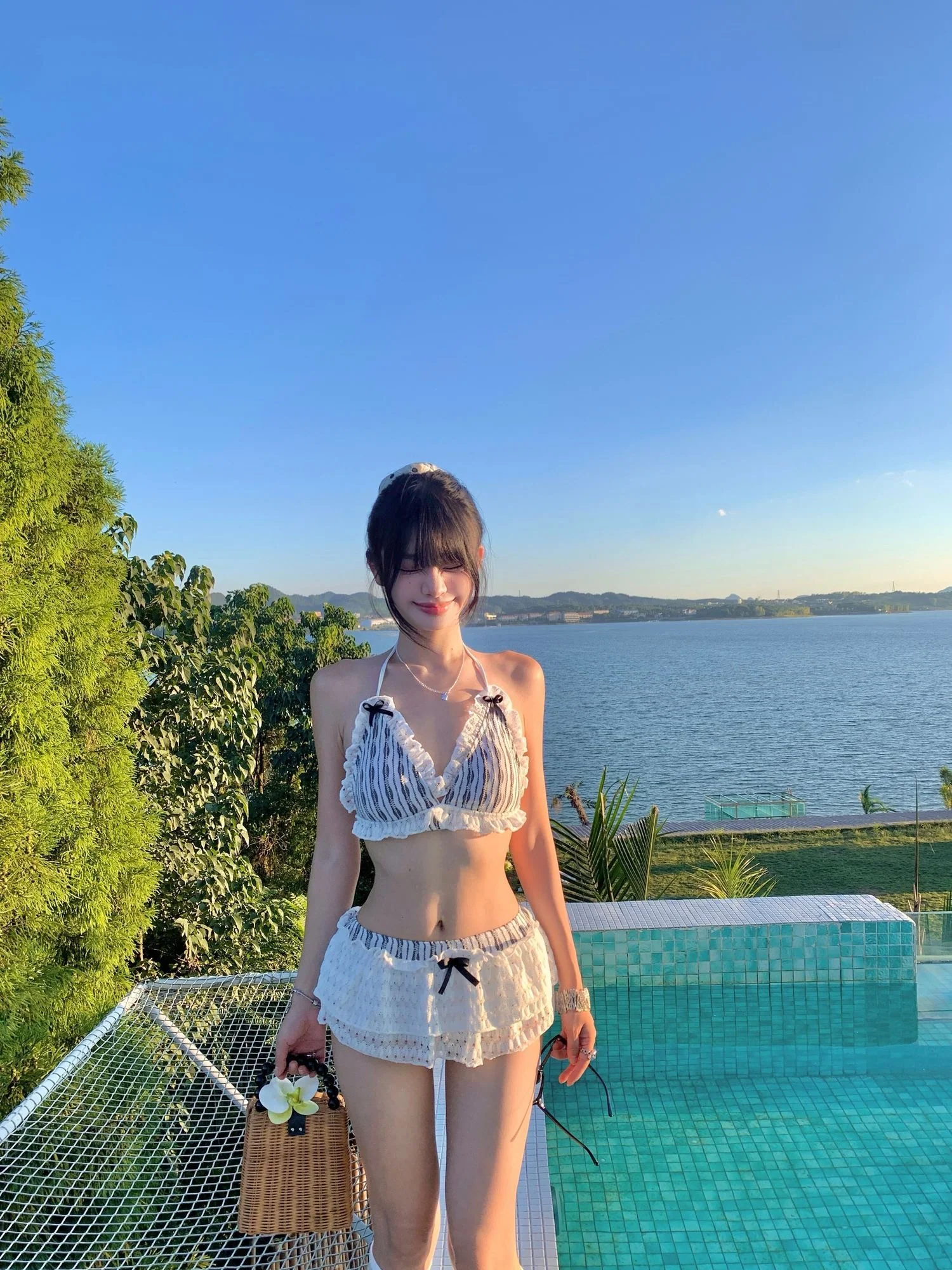 Vintage Lace Trim Halter Bikini Set with Ruffle Shorts Two Piece - Image 4