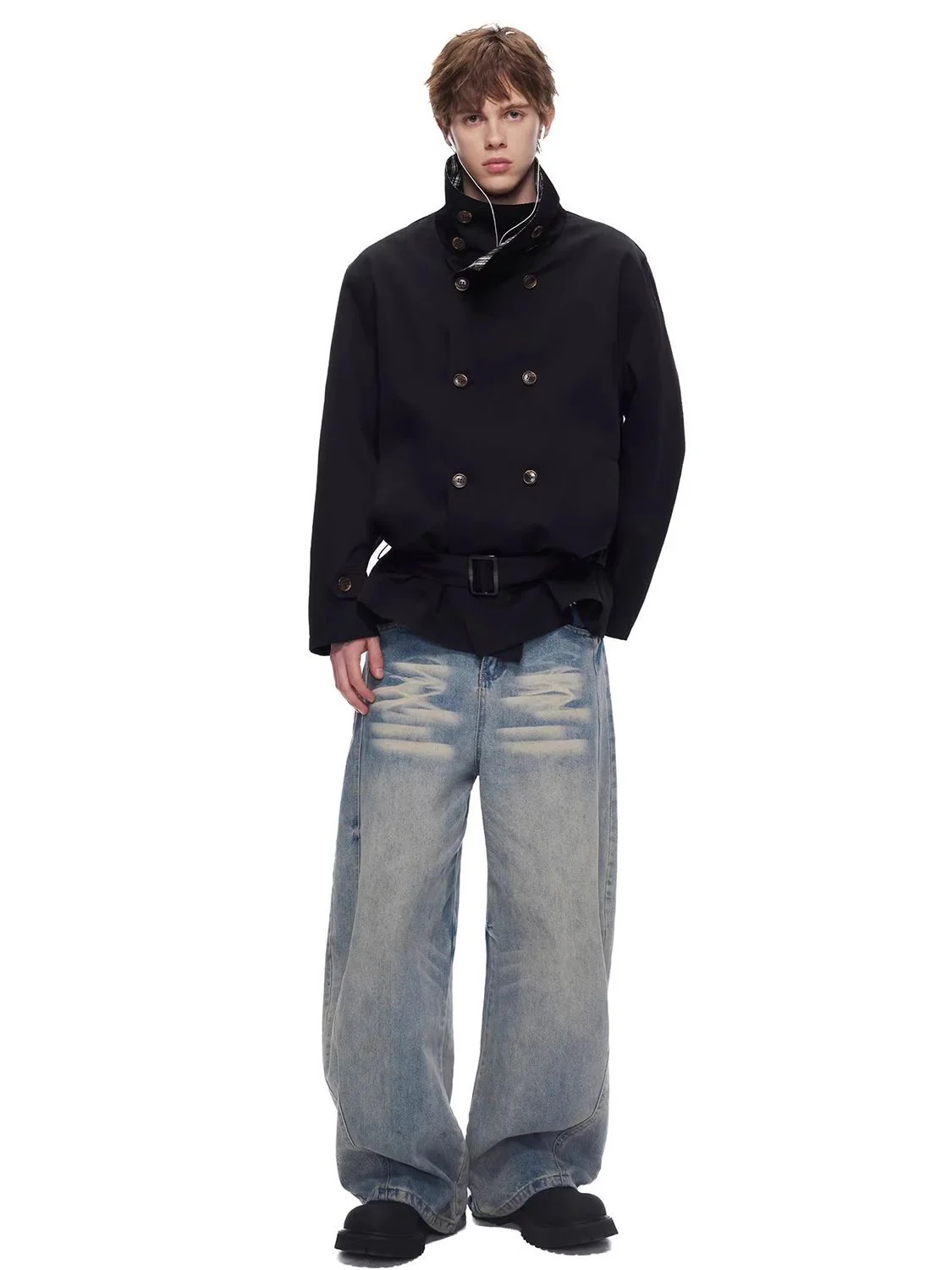 Vintage Plaid Collar Belted Jacket - Image 9
