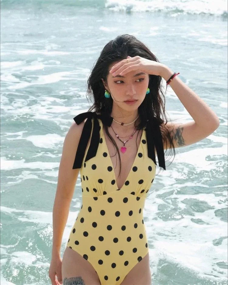 Vintage Polka Dot One Piece Swimsuit with Bow Tie Shoulder Straps - Image 5
