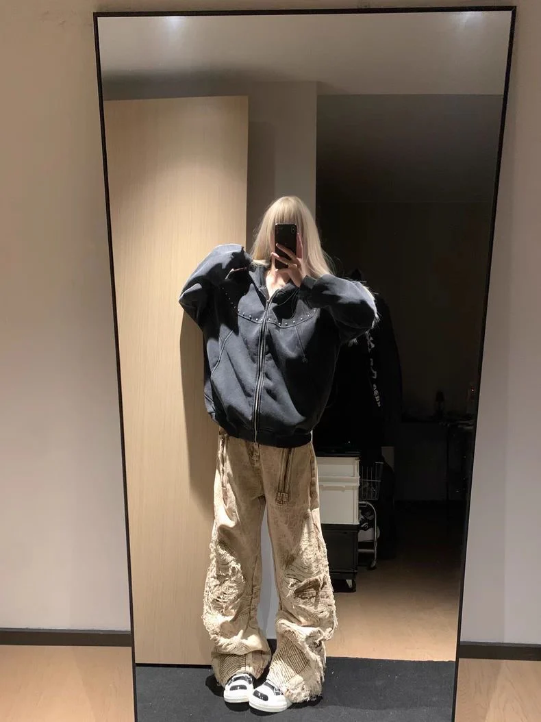 Vintage Washed Stud Zip Hoodie - Image 3