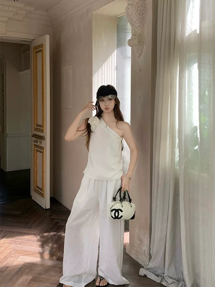 White Linen Two-Piece Set – Sleeveless Top & Wide-Leg Pants - Image 3
