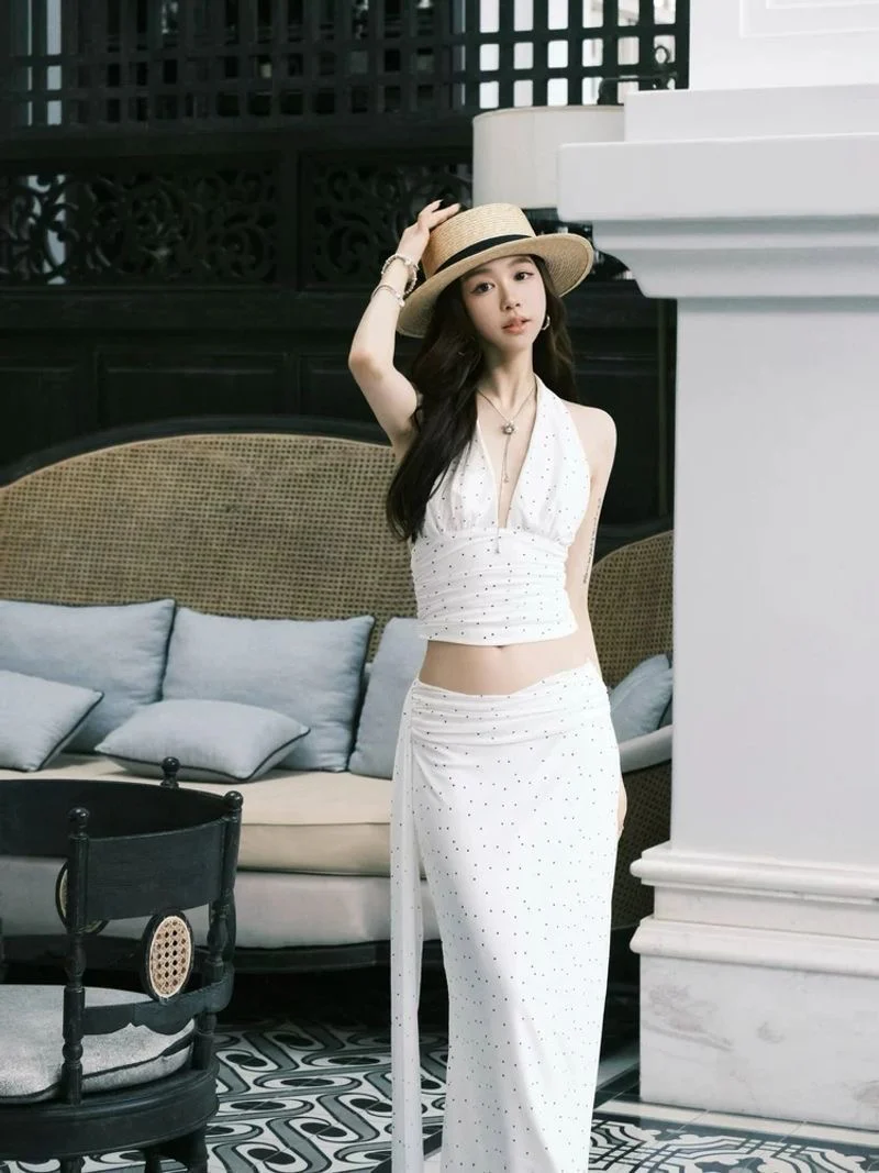 SERENA White Polka Dot Halter Bikini Set with Maxi Skirt - Image 3