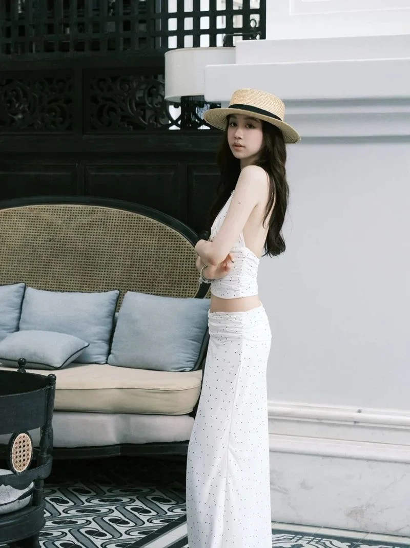 SERENA White Polka Dot Halter Bikini Set with Maxi Skirt - Image 6