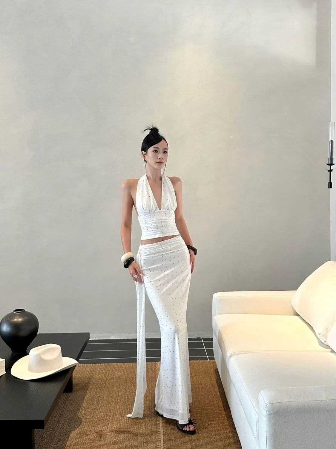 SERENA White Polka Dot Halter Bikini Set with Maxi Skirt - Image 7