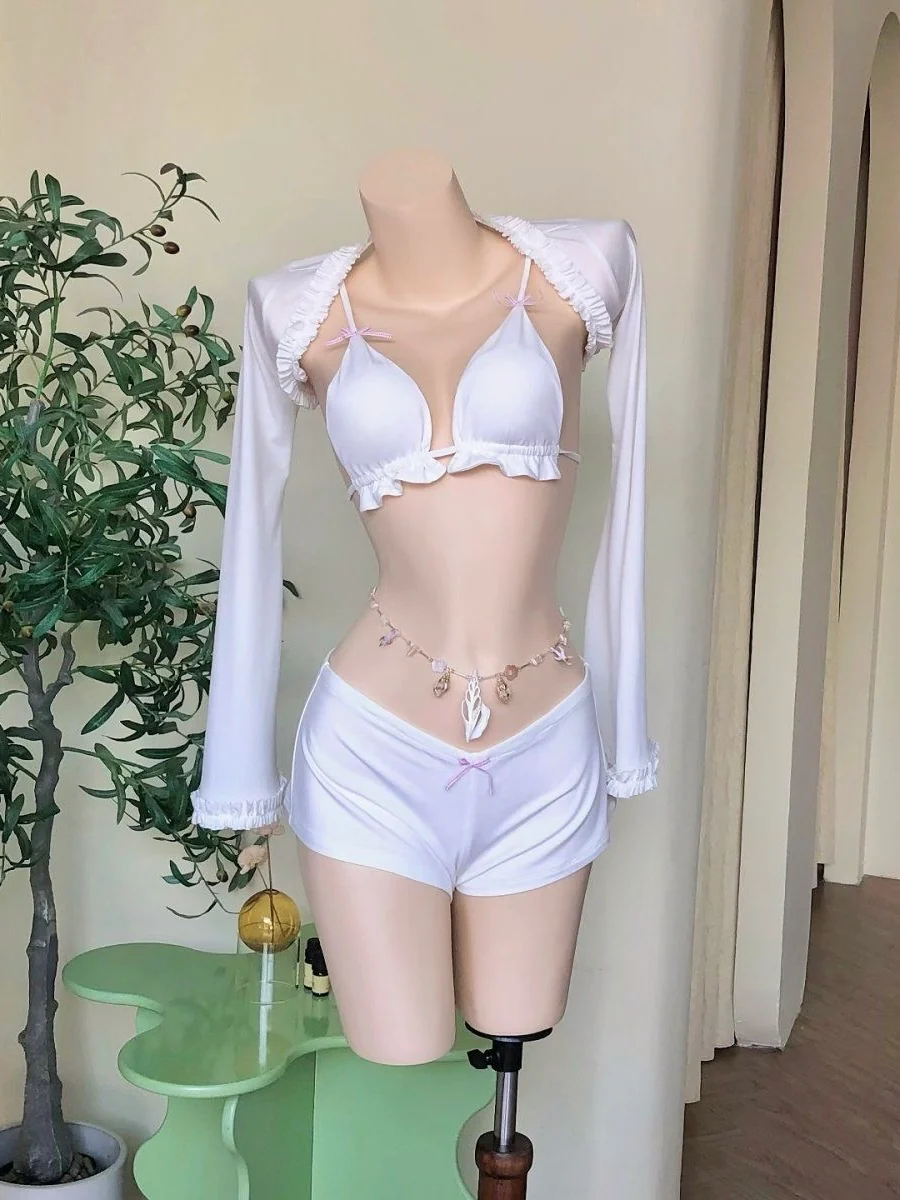 White Ruffle Long Sleeve Bikini Set - Image 5