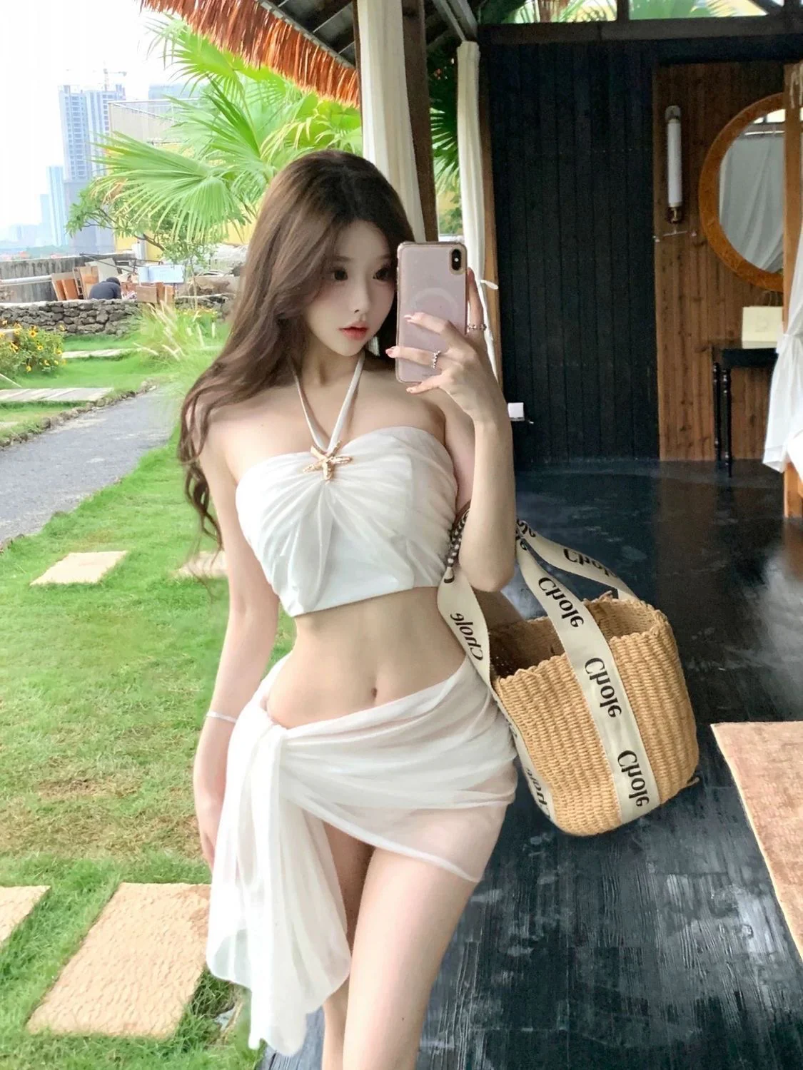 LUMIÈRE White Starfish Bandeau Bikini Set with Sheer Wrap Skirt - Image 2