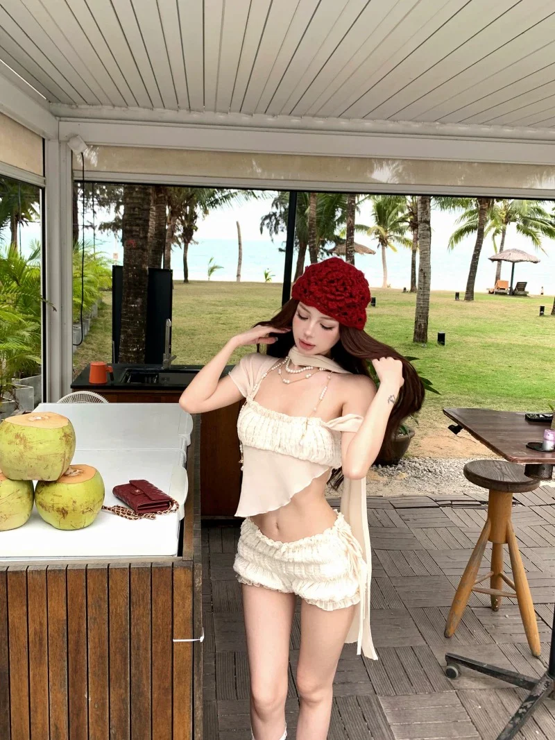 Y2K Beach Babe Bikini Set – Off-Shoulder Asymmetrical Tie Strap Tank & Two-Piece Swimsuit - Image 2