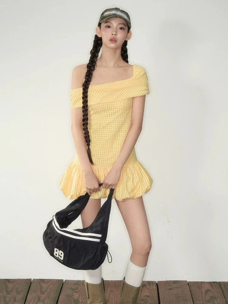 Yellow Textured Plaid One-Shoulder Bubble A-Line Dress with Elastic Waist - Image 3
