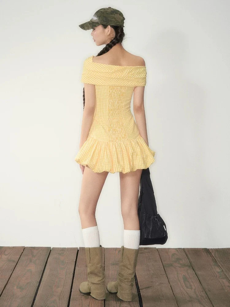 Yellow Textured Plaid One-Shoulder Bubble A-Line Dress with Elastic Waist - Image 4